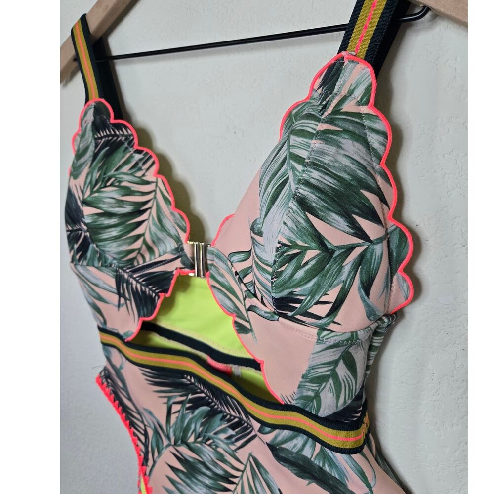 River Island Tropical Palm Print Scalloped One Piece Swimsuit Size 12 Neon Trim - Picture 3 of 10
